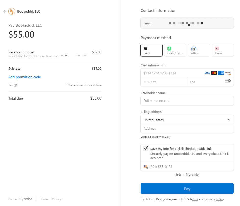 A composite image showing two payment screens. On the left, a summary details a $55.00 charge for a reservation at 'Carbone Miami' under 'Pay Bookeddd, LLC,' with an option to add a promotion code and a total due of $55.00. On the right, various payment methods are displayed, including Card, Cash App, Affirm, and Klarna. Below, there are fields to enter card information, cardholder name, and billing address, with a checkbox to 'Save my info for 1-click checkout with Link,' noting secure payment through Bookeddd, LLC. A customer service number is also provided.